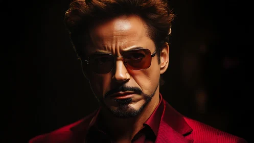 Brooding man in red suit gazes forward with quiet intensity