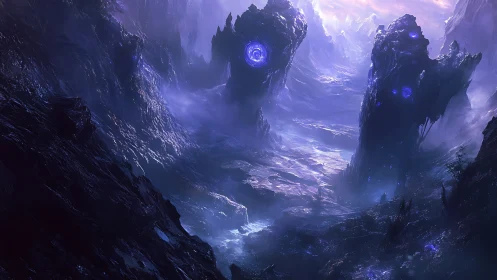 Twin obsidian monoliths quietly guard a glowing astral pass