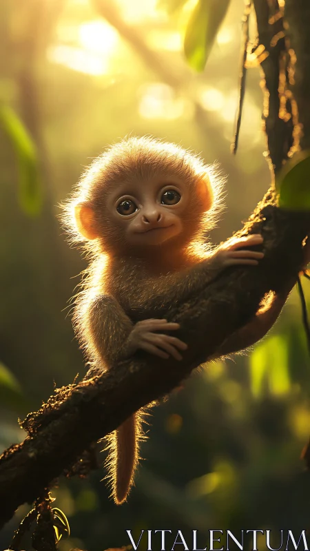 Golden backlit baby monkey on rainforest branch portrait.