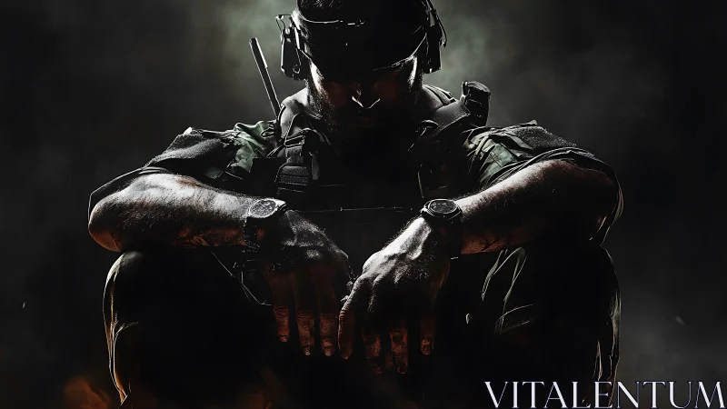 Armed soldier in tactical gear seated in low key lighting.