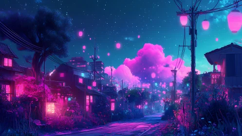 Neon lit residential street under night sky with lanterns.