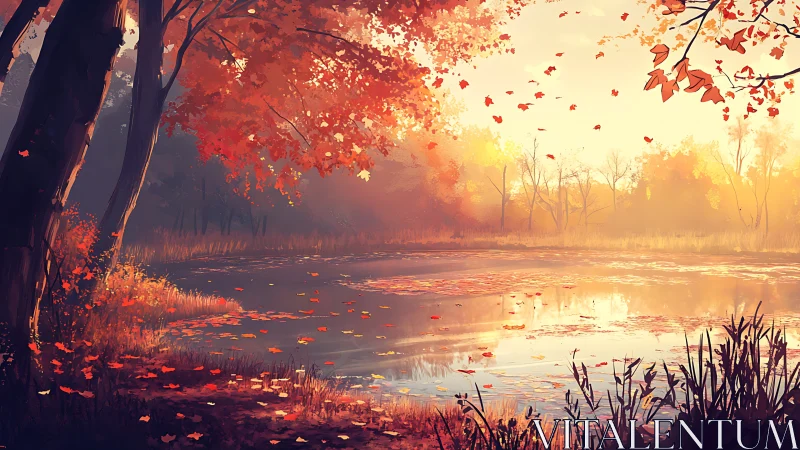 Autumn lakeside grove rendered in warm cinematic backlight.