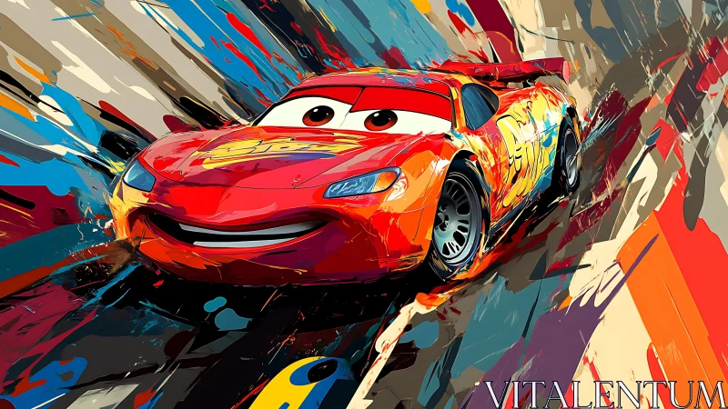 Red cartoon race car speeds through abstract painted track