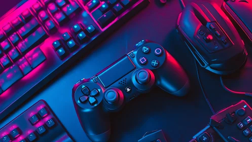 Gaming controller and peripherals under neon lighting.