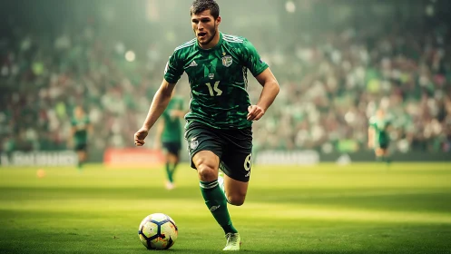 Soccer player in green kit advancing with ball on pitch.