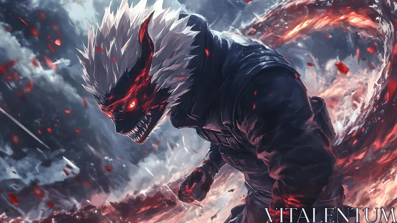 Demonic warrior lunges forward with fiery energy trail and motion blur