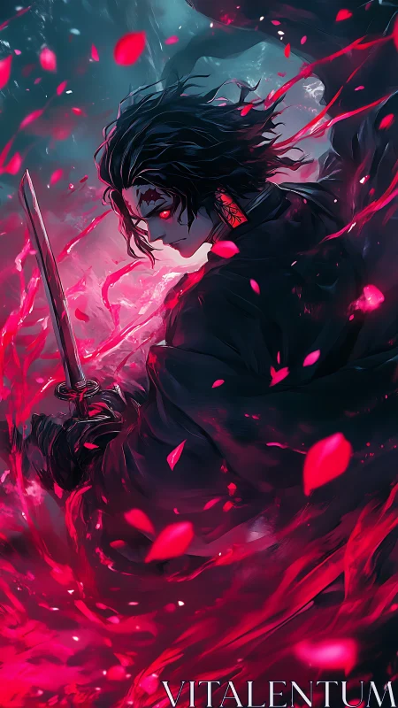Scarlet-eyed swordsman in swirling crimson energy storm.