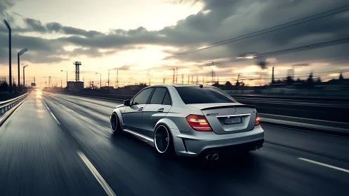 High-speed silver sedan on wet highway under dramatic dusk sky