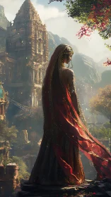 Veiled goddess overlooking sunlit jungle temple city.