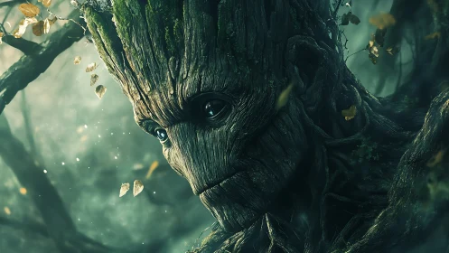 Tree-like humanoid figure is integrated into a dense forest