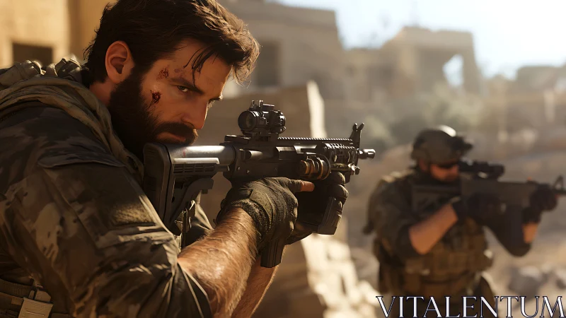 Battle-hardened soldier aims rifle in sunlit urban combat