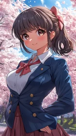 Cherry blossom courtyard portrait of confident schoolgirl.
