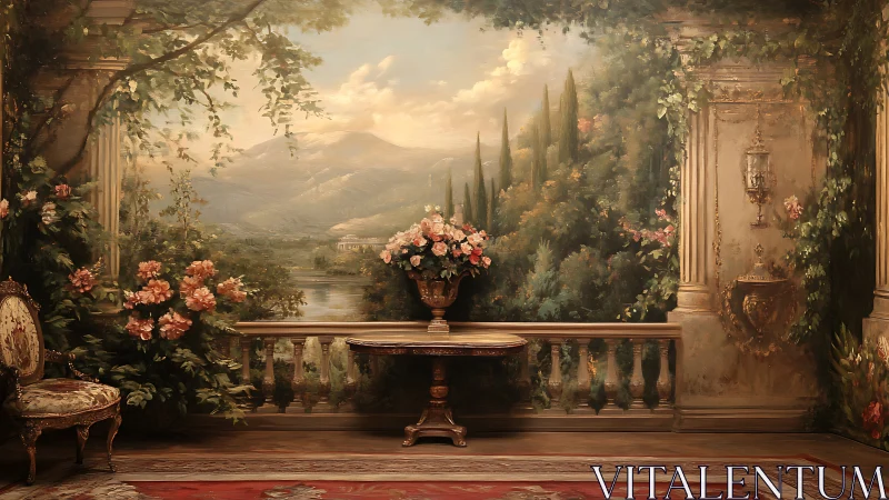 Sunlit terrace quietly introduces flowers to distant hills