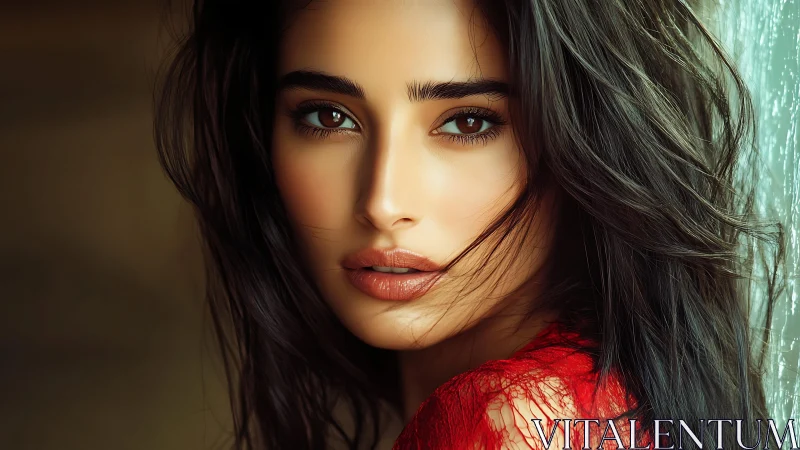 Portrait shows intense gaze of brunette woman in soft light