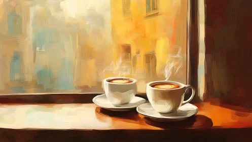 Two steaming coffee cups sit on a sunlit wooden windowsill