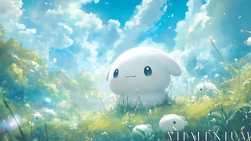 White round creature group in sunlit meadow landscape.