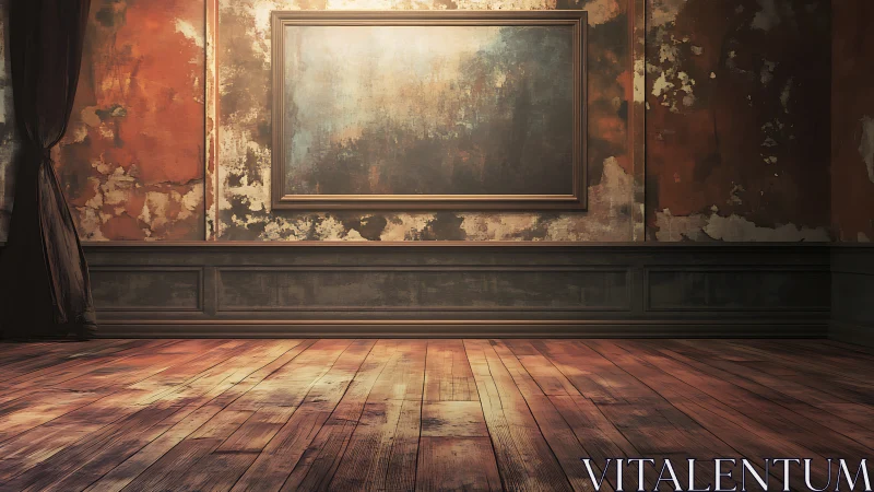 Weathered gallery interior with distressed wall and empty frame