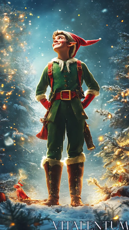 Confident Christmas elf stands proud in glowing winter forest.