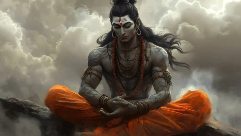 Meditating ascetic deity amid swirling storm clouds.