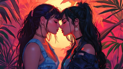 Two women in profile with tropical foliage at sunset.