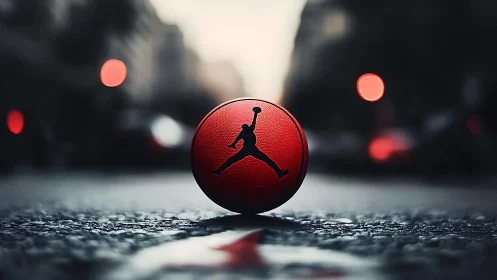 Red basketball rests on wet city street at dusk.