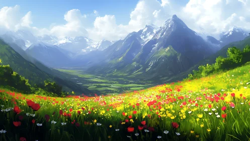 Sunlit wildflower valley opening toward peaceful blue mountains.