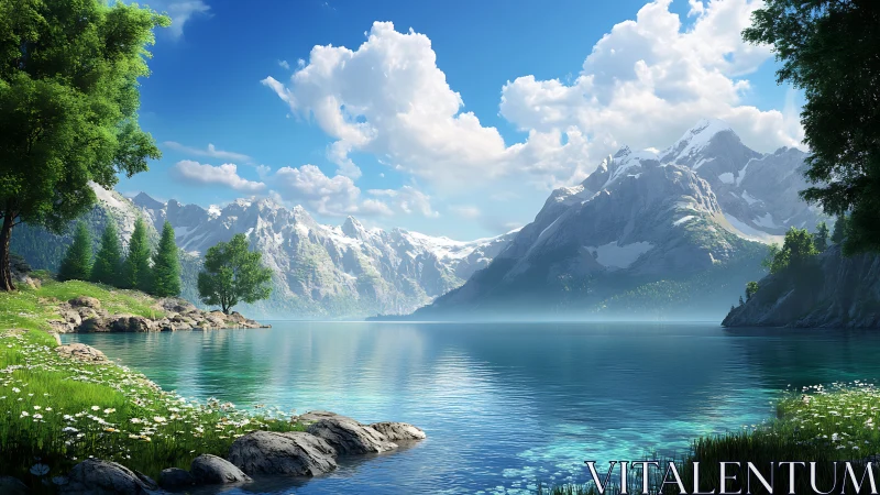 Mountain lake landscape with clear water and distant peaks.