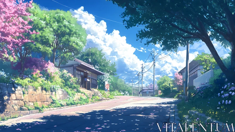 Tree-lined residential road under midday blue sky.