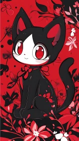 Scarlet night-garden kitten with luminous ruby eyes poised.