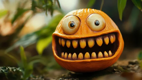 Orange monster figure with exaggerated teeth on foliage.