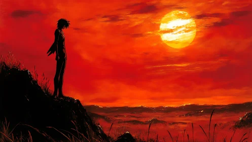 Solitary silhouette under a burning crimson horizon sun.