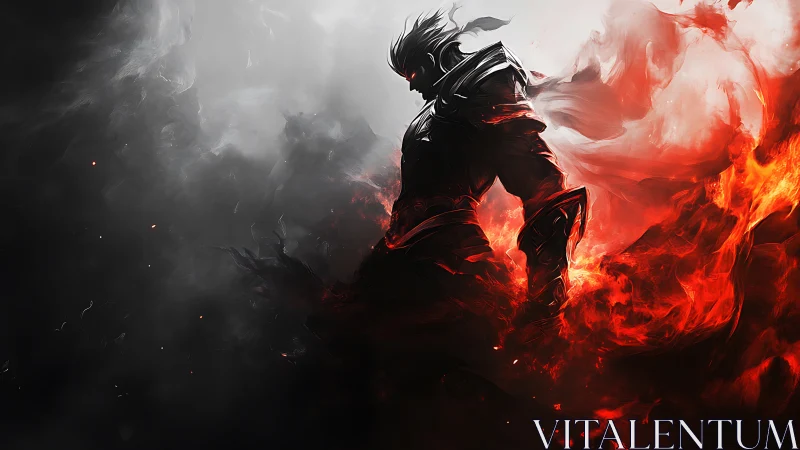 Armored dark warrior emerges from bifurcated fire and smoke field