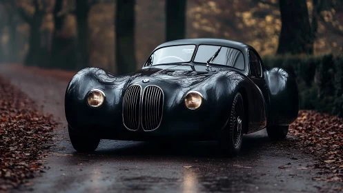 Vintage black coupe gliding through a quiet autumn lane.