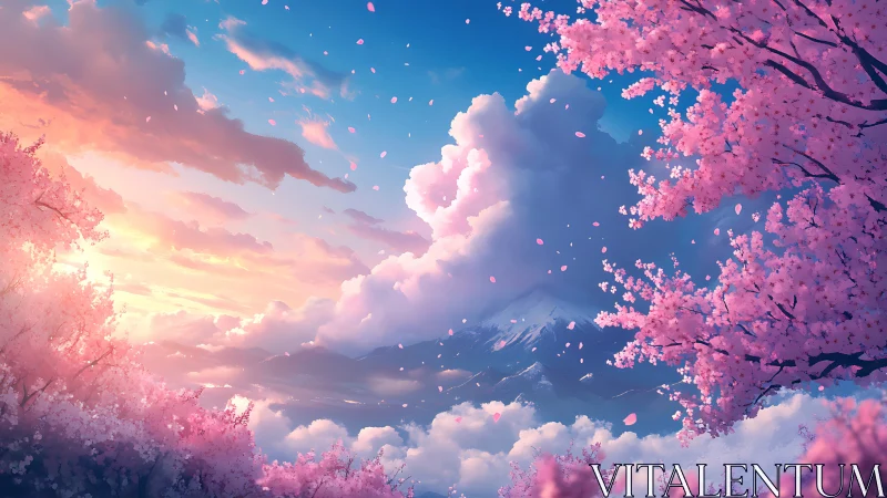 Cherry blossoms frame distant mountain above glowing clouds