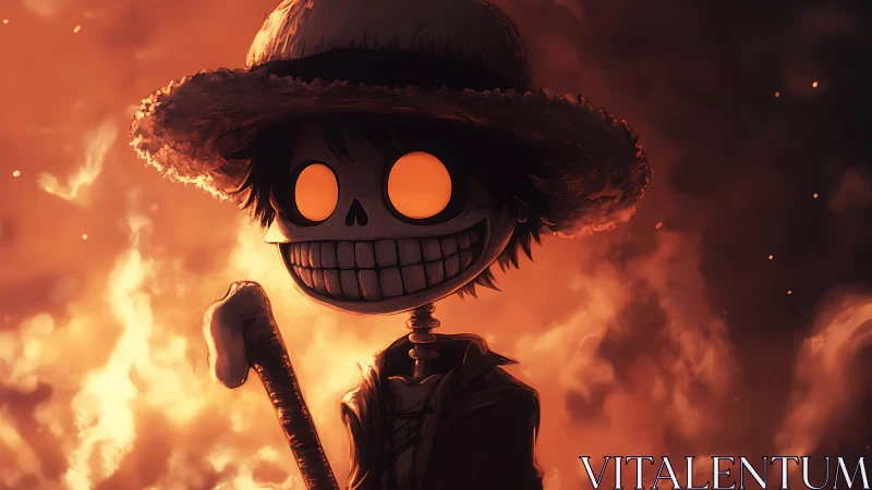 Digital painting of fiery skeletal scarecrow in backlit haze.