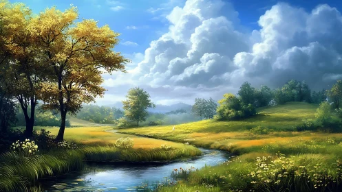 Sunny green meadow with stream under large clouded sky.