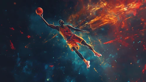 Explosive neon-lit basketball dunk amid cosmic flame trails