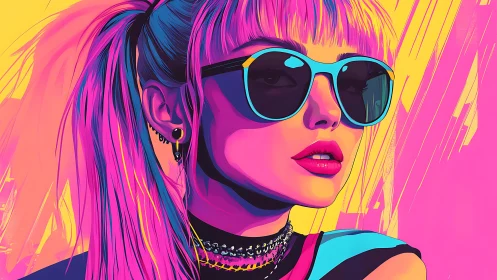 Neon pop art portrait of woman in sunglasses and jewelry.