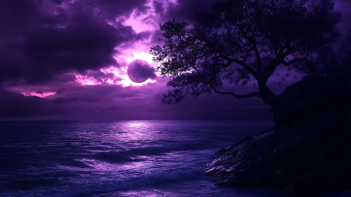 Violet moonrise over stormy sea and windswept cliff tree.