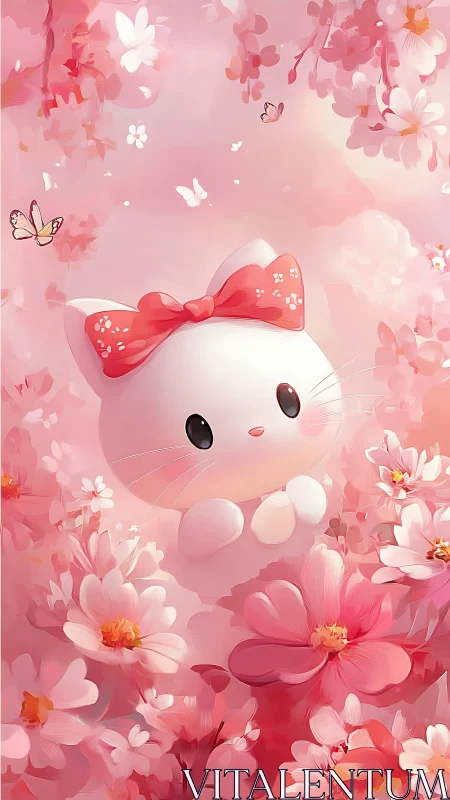 Softly shaded chibi cat head amid pink floral gradient field