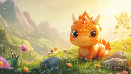 Cute baby dragon rests in a sunlit flower meadow landscape.
