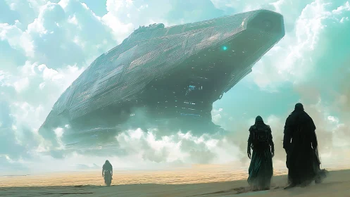 Desert nomads greet a leviathan starship slipping from clouds