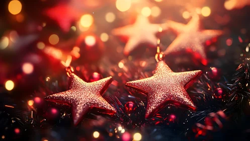Red star ornaments are arranged in shallow depth of field