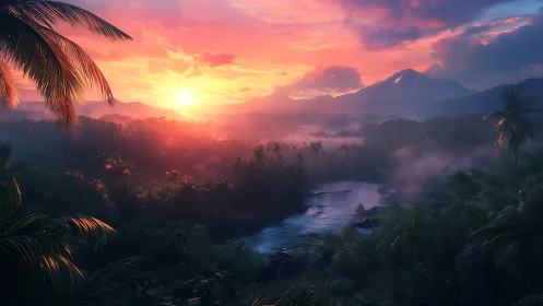 Sunrise drifting over misty jungle river and quiet peaks.