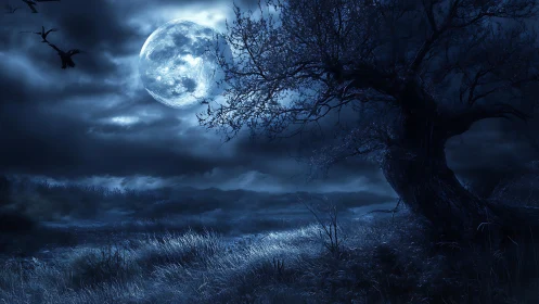 Moody full moon over windswept haunted meadow at night.