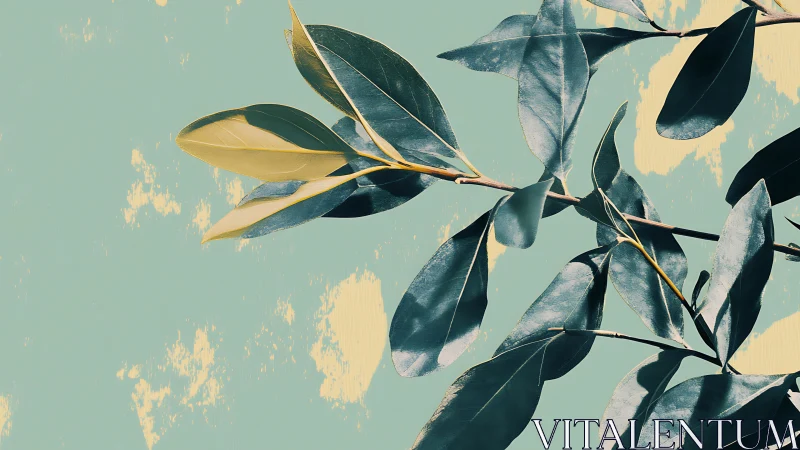 Minimalist branch with green leaves on textured turquoise background.