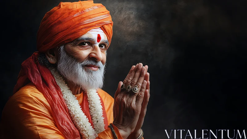 Elderly spiritual guru in orange robes with folded hands.