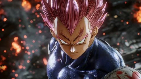 Pink‑haired warrior glares through embers and glitching light