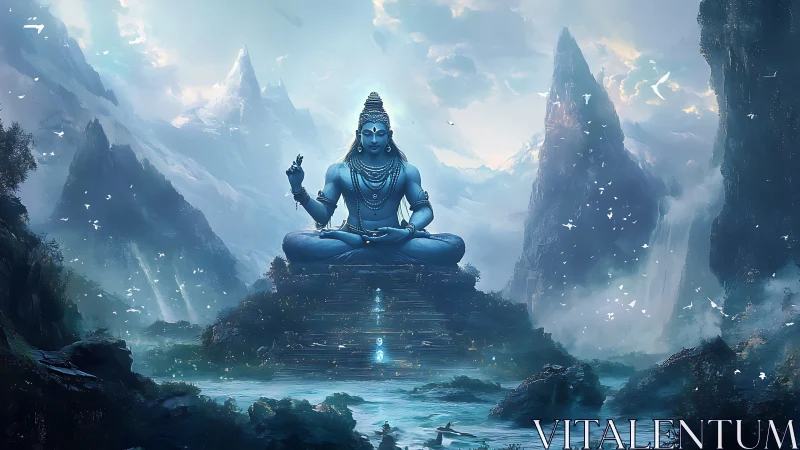 Monumental blue deity meditating amid ethereal glacial peaks