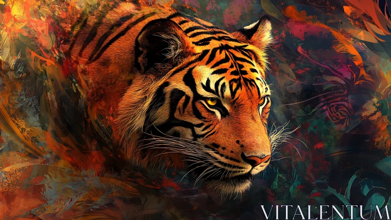 Vibrant digital tiger portrait emerges from abstract jungle field